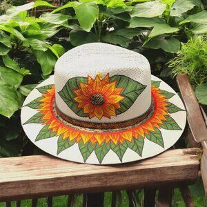 Fedora Hat Flower Hand-painted Palm Straw Brand New Medium Size